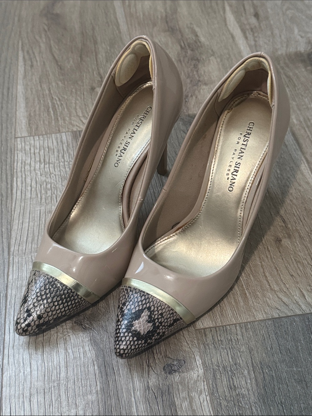 Christian Siriano Blush Patent Pumps with Snakeskin Point and Gold Trim Size 9